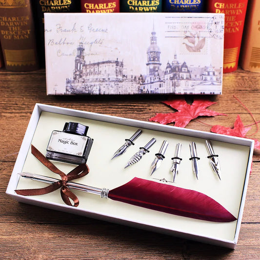 Vintage Colored Feather Quill Dip Pen Gift Box