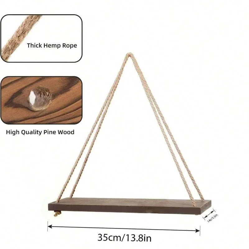 1PC Wooden Swing Hanging Hemp Rope Wall Shelf