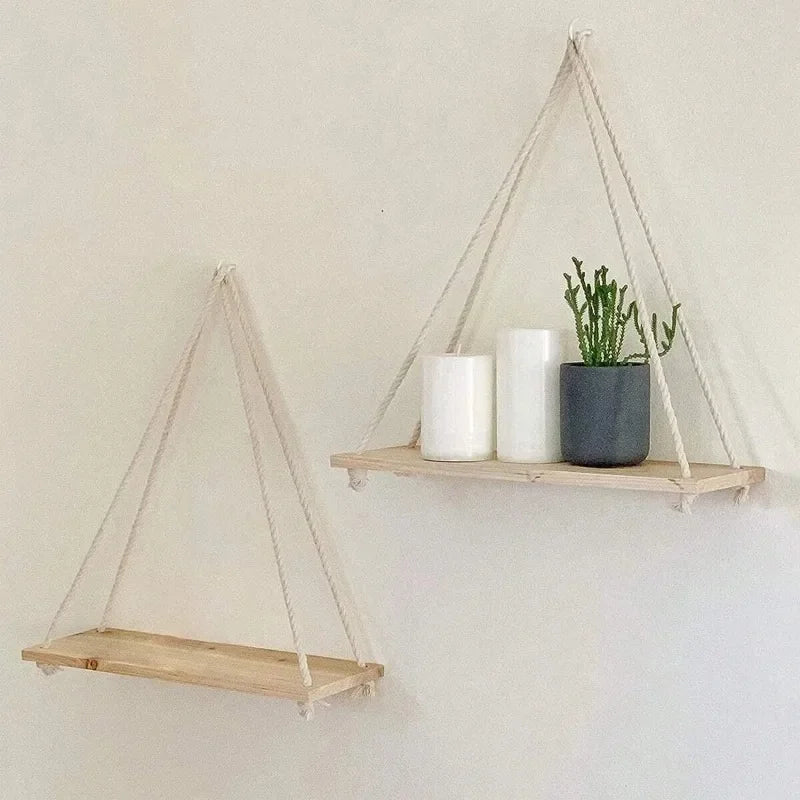 1PC Wooden Swing Hanging Hemp Rope Wall Shelf