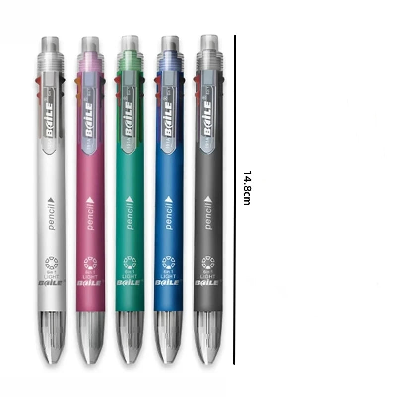 6 In 1 Multicolor Ballpoint Pens 5 Colors Ball Pen / 1 Automatic Pencil With Eraser