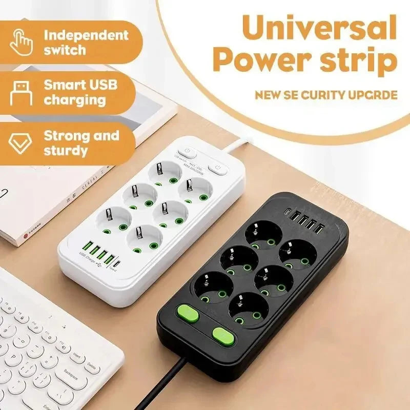 EU Plug AC Outlet Multitap Power Strip 2m Extension Cord