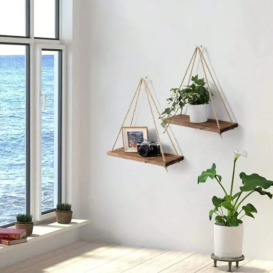 1PC Wooden Swing Hanging Hemp Rope Wall Shelf