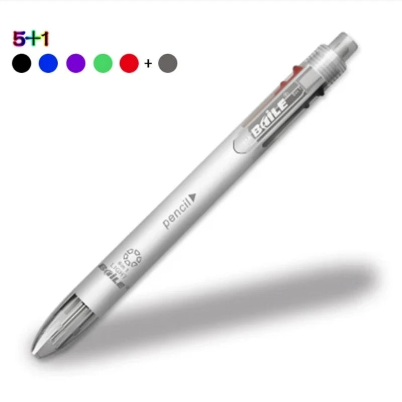 6 In 1 Multicolor Ballpoint Pens 5 Colors Ball Pen / 1 Automatic Pencil With Eraser