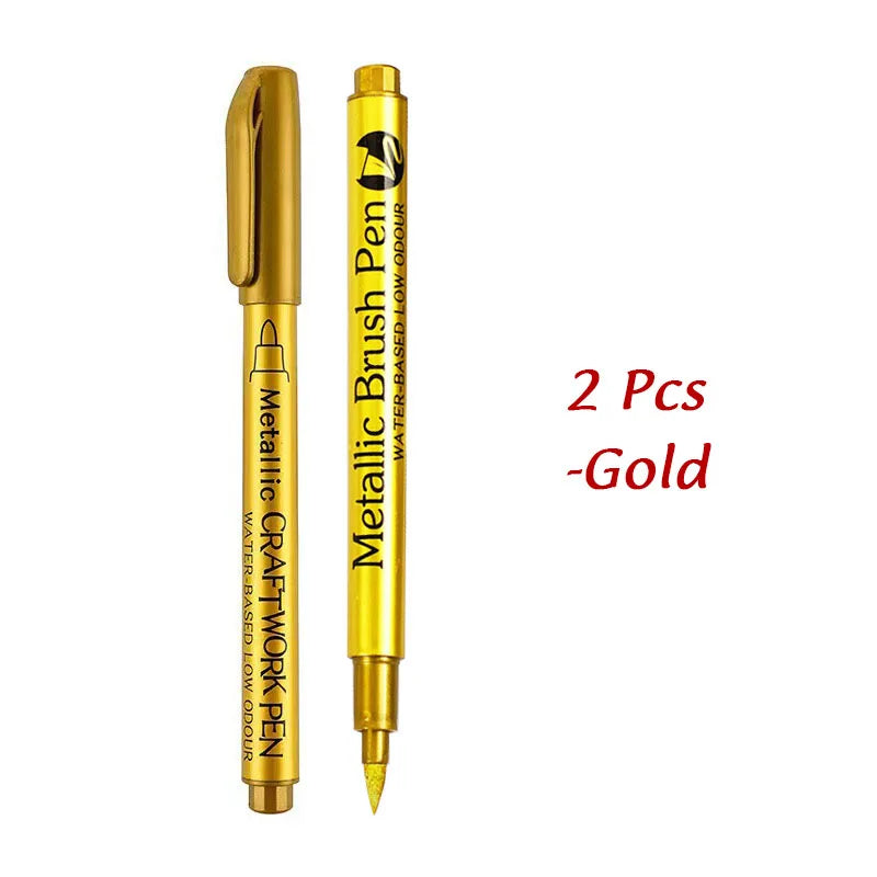 1/2Pcs Brush Metallic Marker Pens Gold Silver Permanent Markers