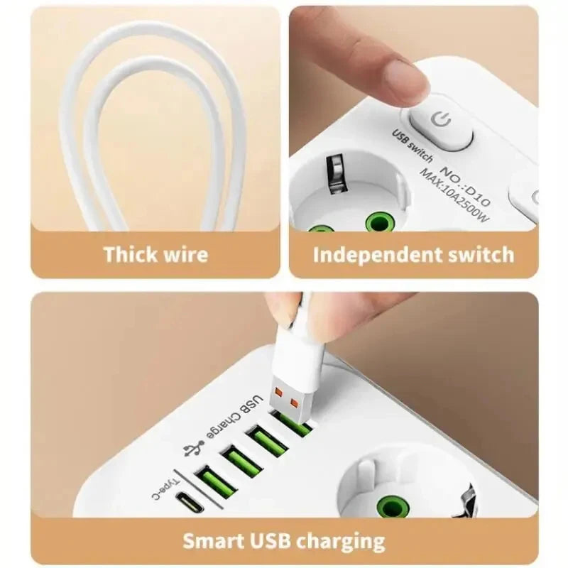 EU Plug AC Outlet Multitap Power Strip 2m Extension Cord