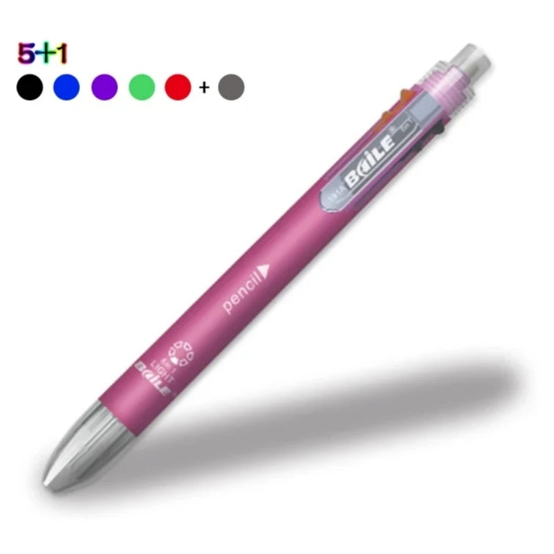 6 In 1 Multicolor Ballpoint Pens 5 Colors Ball Pen / 1 Automatic Pencil With Eraser