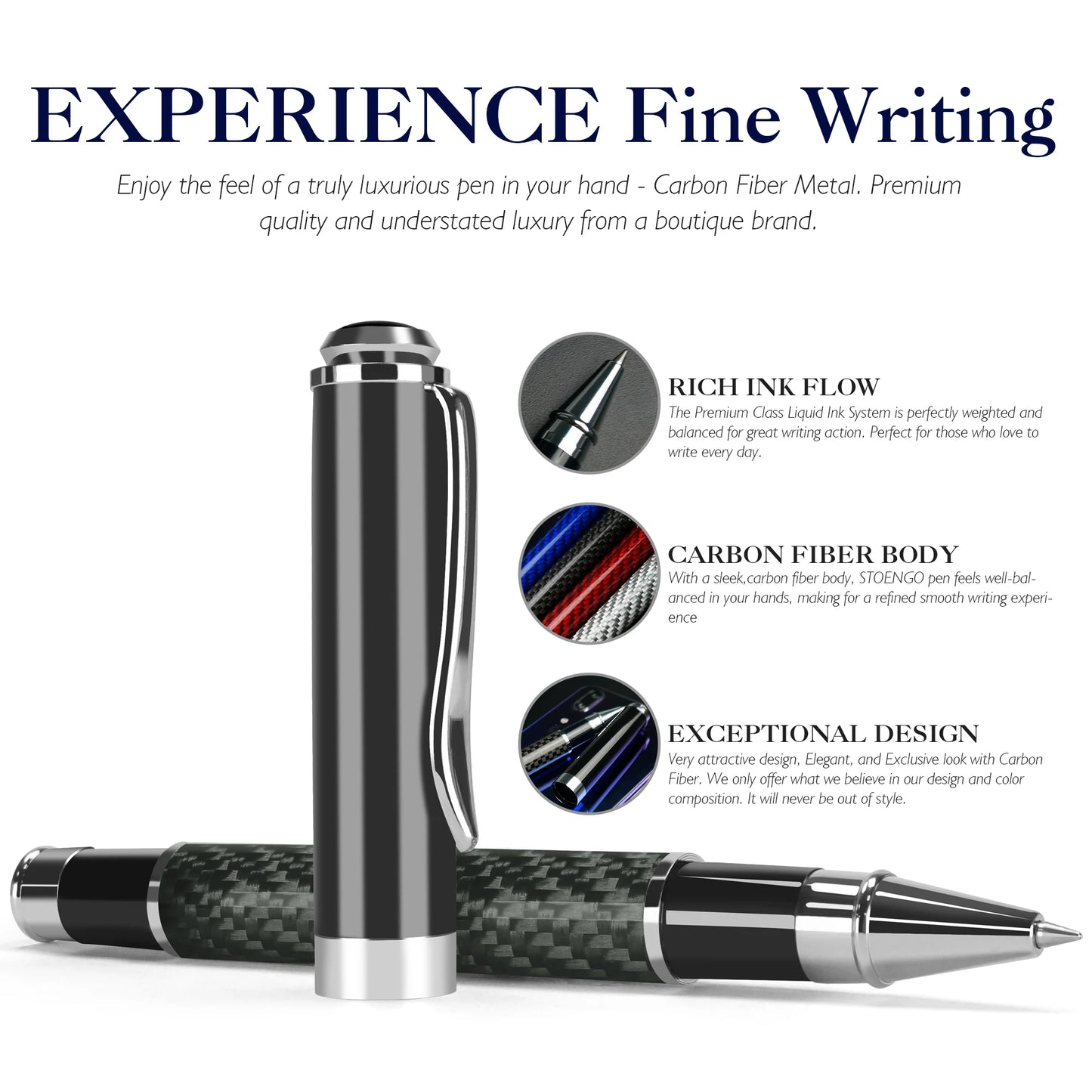 STONEGO Carbon Fiber Signature Pen, Premium Metal Gel Ink Pens Micro Point 0.5mm Black Ink Smooth Writing Ball Pen