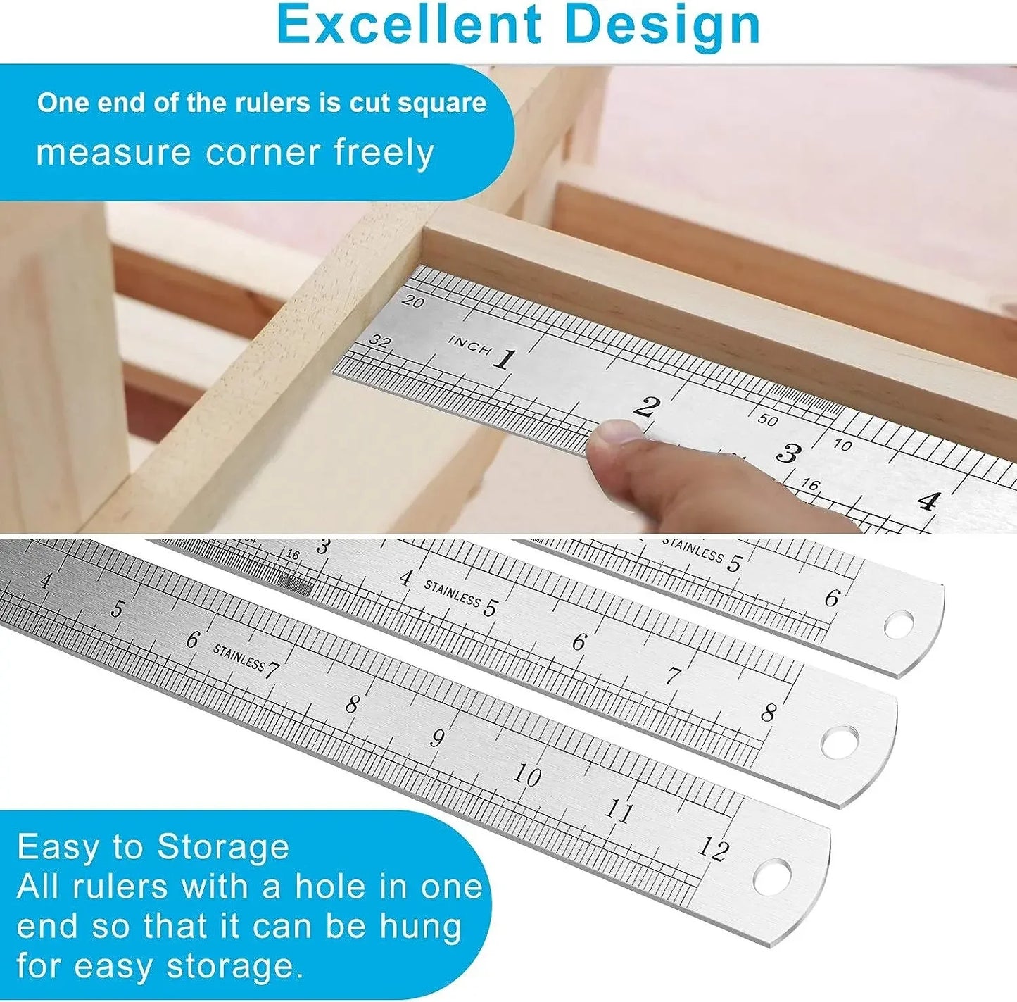 Stainless Steel Double Side Straight Ruler Centimeter Inches Scale