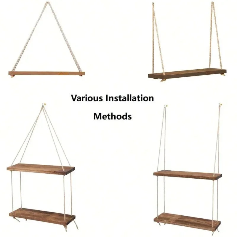 1PC Wooden Swing Hanging Hemp Rope Wall Shelf