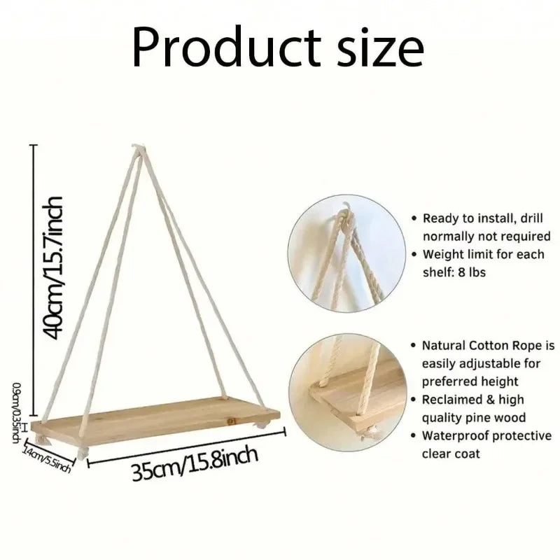 1PC Wooden Swing Hanging Hemp Rope Wall Shelf