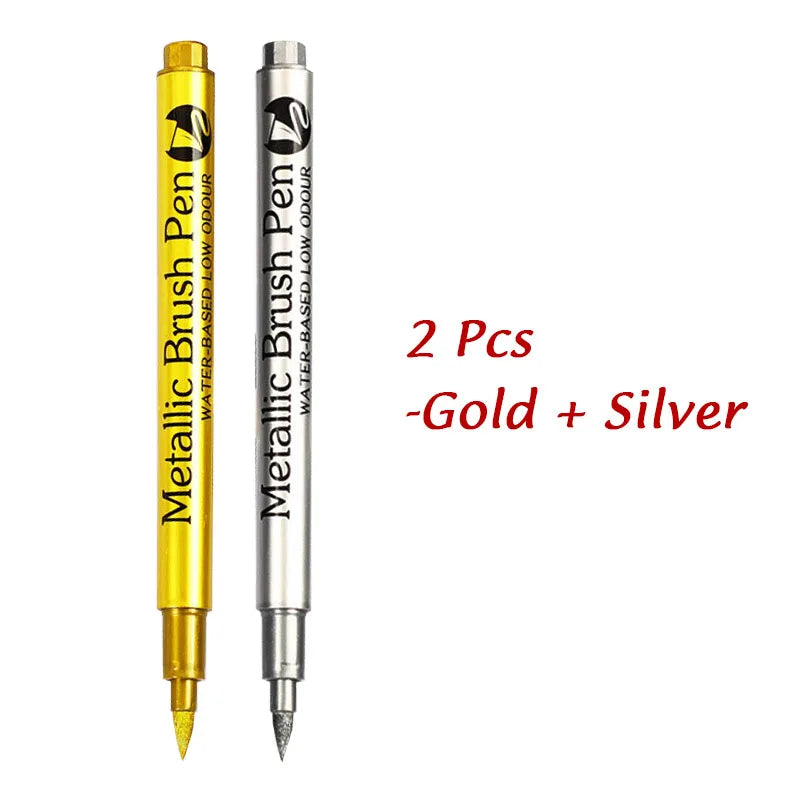 1/2Pcs Brush Metallic Marker Pens Gold Silver Permanent Markers