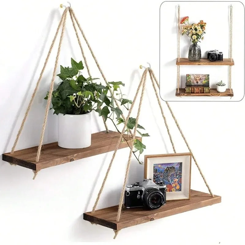 1PC Wooden Swing Hanging Hemp Rope Wall Shelf